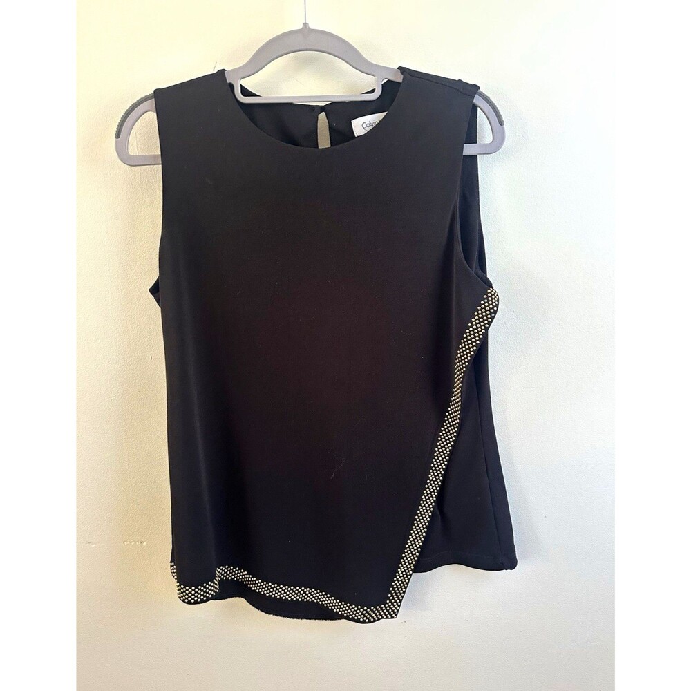 Calvin Klein y2k Black Solid Asymmetrical  Studded Tank Top Size S